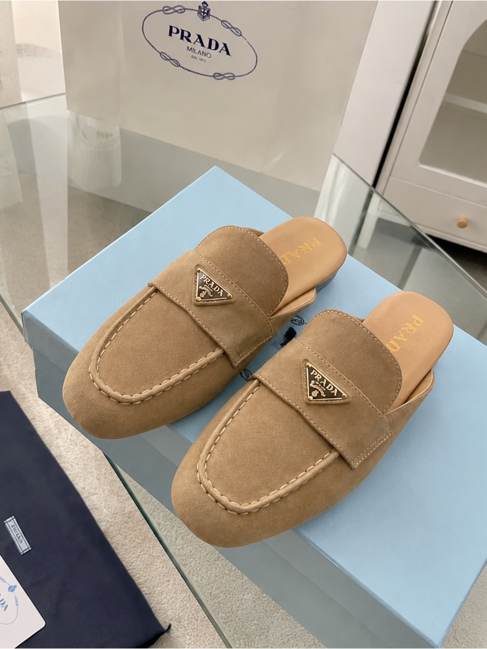 Prada Suede Slip-On Loafers in Camel